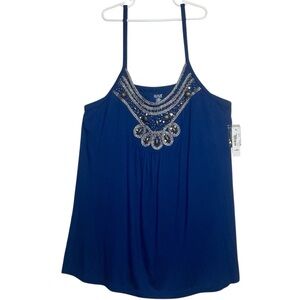 Ana-A New Approach NWT Women's Spaghetti Strap Blue Embellished Tank Top BoHo XL